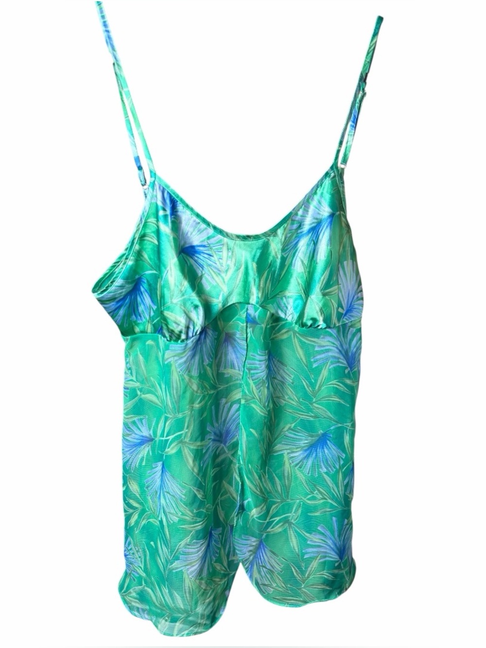 Cinema Exoile Large Green Tropical Print Satin Nightgown Overlay Lace Back Y2K